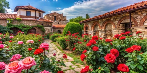 Fototapeta premium Ancient rose garden in Nessebar, Bulgaria's historic old town , bulgaria, roses, bulgaria, roses, nature, nessebar, landscape