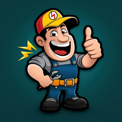 Cartoon electrician character giving thumbs up with wrench and lightning bolt symbol, smiling worker in overalls and cap, cheerful repairman illustration
