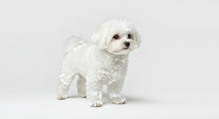 Fototapeta premium Adorable Fluffy White Maltese Dog Puppy Posing Against a White Background