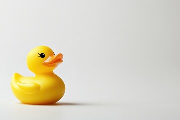 Cute yellow rubber ducky on white background simple minimalist photo bright cheerful toy