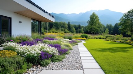 Modern home exterior with landscaped garden and mountain views.  A walkway meanders through a vibrant flowerbed, leading to a lush lawn.  The home's exterior is clean and contemporary,