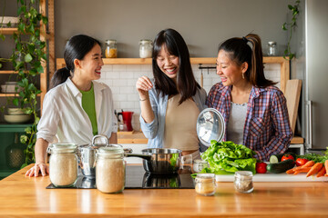 Happy beautiful chinese women friends bonding at home - Playful pretty asian female adults meeting and having fun at home, concepts about lifestyle, domestic life and friendship