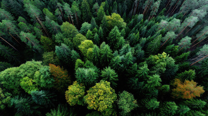 Aerial view of dense green forest with various tree types showing vibrant foliage and natural beauty in peaceful outdoor environment