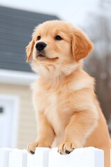 Adorable golden puppy sits on a white fence, gazing upward in a snowy winter scene