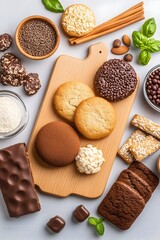 Assorted cookies, chocolates, and baking ingredients arranged on a light surface