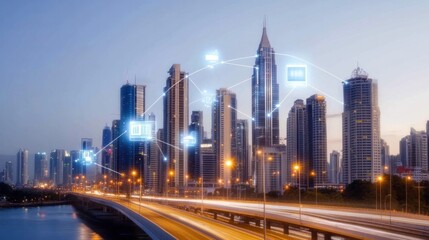Naklejka premium Smart City at Dusk: A breathtaking panoramic view of a modern cityscape at twilight, interwoven with a network of digital icons symbolizing technological innovation and connectivity.