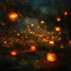 September Pumpkin Glow Glowing lanterns in a pumpkin patch twilight ambiance mystical autumn energy Image