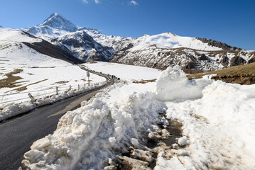 Mount Kazbek, one of the highest peaks of Caucasus mountain range, near the village of...