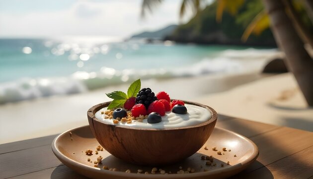 yogurt with muesli and berries on a wooden table