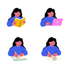 Girl studying and learning activities. Reading, typing on laptop, writing, drawing. Flat vector illustration