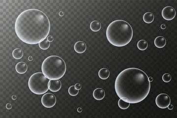 A set of colorful and colorful soap bubbles to create a design. Isolated, transparent, realistic soap bubbles on a transparent background.