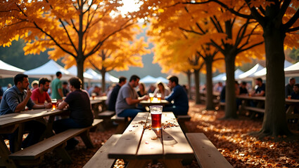 Vibrant fall beer fest panorama capturing craft brew enthusiasts beneath amber leaf canopy wooden tables laden artisan ales lively rustic harvest gathering vibe in  Photo Stock  Concept  and empty spa