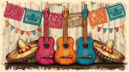 Colorful Cinco de Mayo poster with festive papel cutouts and music-inspired decor