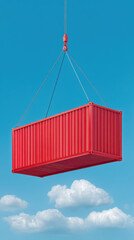 Red shipping container is being lifted by cables against clear blue sky with soft white clouds, creating striking contrast and sense of industrial strength and calm