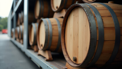 Close-up of Oak Wine Barrels in Refrigerated Shipping Container: Preserving Quality & Trade Standards - Stock Photo Concept with Empty Space for Text