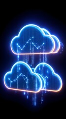 Glowing cloud icons displaying data streams and graphs, symbolizing cloud computing and data analytics