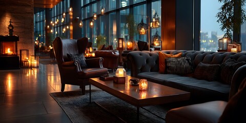 Sophisticated modern lounge at night with plush seating, warm pendant lighting, candles, and floor-to-ceiling windows revealing a blurred city skyline.  