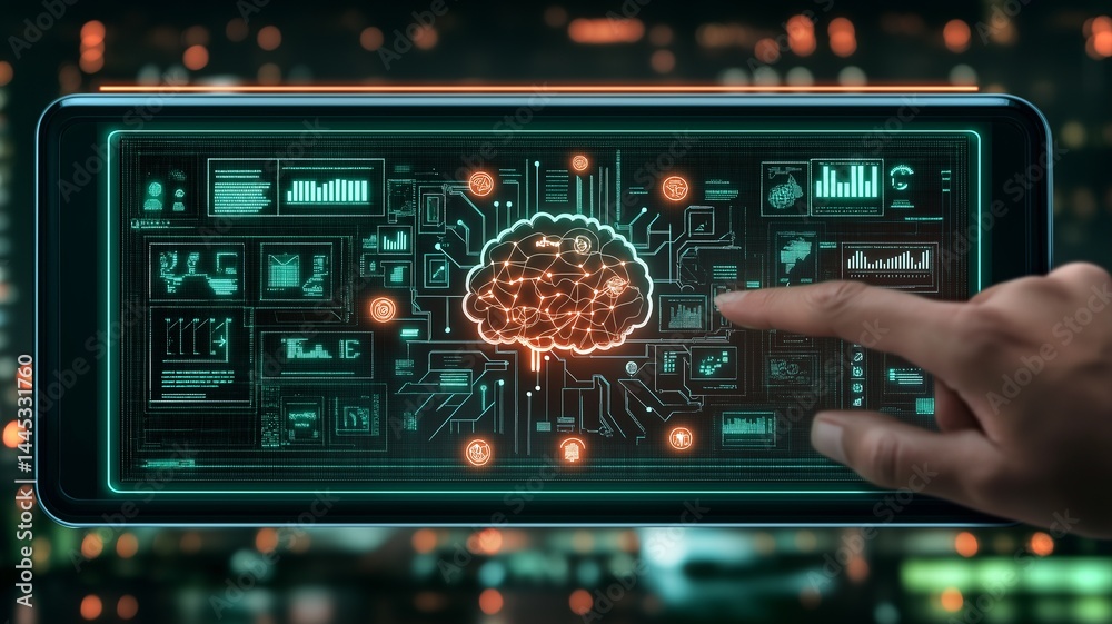 Leinwandbilder A hand interacts with a glowing digital brain graphic, surrounded by data analytics and visualizations in a high tech urban environment illuminated by city lights.