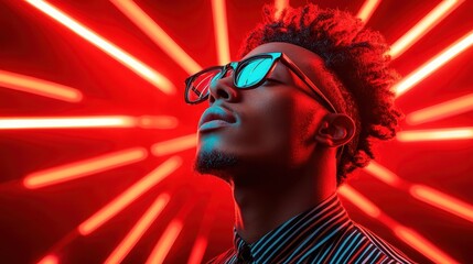 A confident individual gazes upward, illuminated by radiant red rays; the image conveys power and charisma, surrounded by captivating neon lights and energetic atmosphere.