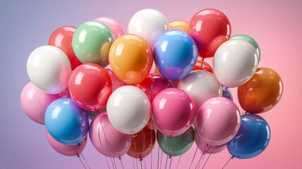 A festive arrangement of balloons floating against a soft pink gradient background