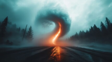 An electrifying visual of swirling clouds spiraling upwards over a misty road, infused with vibrant orange tones, conveying a sense of dynamic movement and energy in nature.