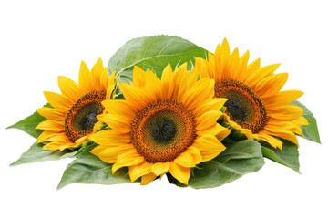 Fototapeta premium Vibrant Sunflowers in Full Bloom bright yellow petals lush green leaves simple white background