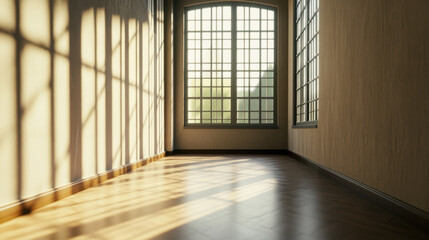 Empty room with large window casting warm sunlight and shadows on wooden floor, creating calm and peaceful atmosphere in spacious interior