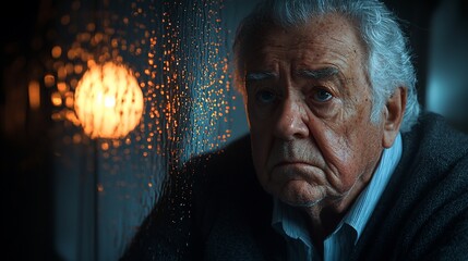 Elderly man looking thoughtfully through a rainy window at night