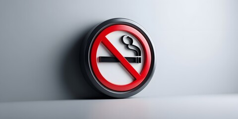 3D-style no smoking sign with a red prohibition symbol over a black cigarette, centered on a plain white background under studio lighting.  