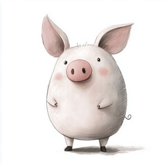 A charming, minimalistic illustration of a pink piglet with a round belly, standing on two legs and looking forward with a curious expression.