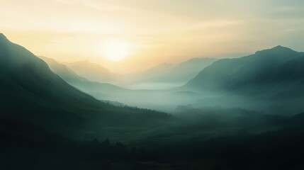 Fototapeta premium Misty mountain sunrise landscape illustration