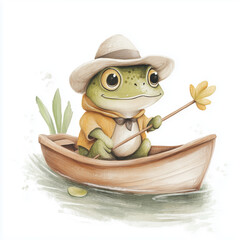 Adorable cartoon frog in a hat and yellow jacket, paddling a wooden boat with a flower-shaped oar. Hand-drawn in soft earthy colors, perfect for children’s books, nature adventures