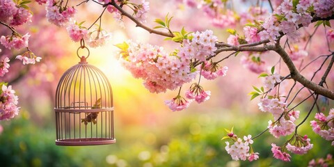 A blooming cherry blossom tree stands tall with a beautiful birdcage hanging from its branch, surrounded by lush greenery and vibrant flowers , spring tree, nest