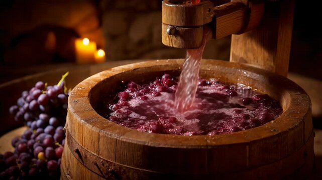 Fresh grape juice pouring into a wooden barrel, surrounded by red grapes and candlelight, highlighting the winemaking process and natural beauty.