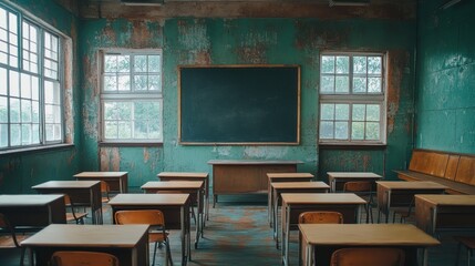 Empty vintage classroom with wooden desks and blackboards in rustic setting