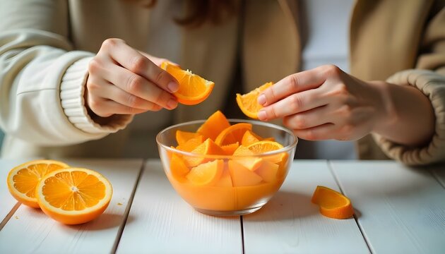 cropped view of couple taking tangerine slices from glass bowl on white wooden table