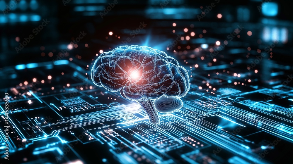 Poster A human brain depicted in a digital design with intricate circuits and glowing accents, symbolizing the connection between technology and neuroscience in a high tech setting.