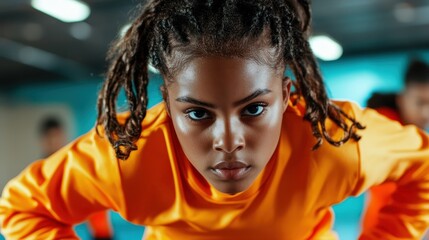 A young female athlete pushing her limits during training, showcasing her strength and determination in a colorful gym environment filled with focus and energy.