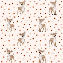Seamless watercolor pattern featuring graceful deer and delicate flowers. Ideal for nursery textiles, stationery, gift wrap, wedding decor, and nature-inspired surface designs.