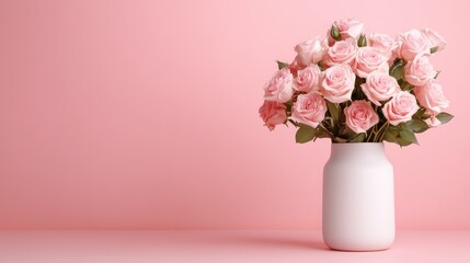 Fototapeta premium An elegant display of pink roses arranged in a white vase against a soft pink background, symbolizing beauty, love, and delicate emotions in a refined aesthetic.