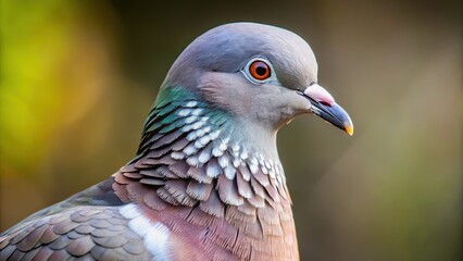 A sleek and shiny dove with its feathers perfectly ruffled, gazing directly at the lens with curiosity