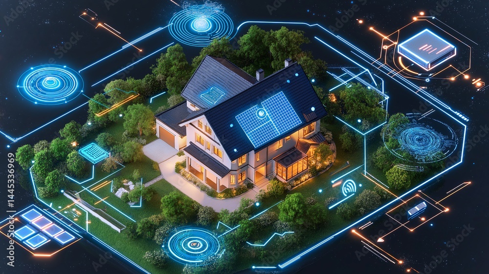 Poster a modern smart home illuminated at night features solar panels on the roof. surrounding technology i