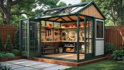 Outdoor workshop shed with tools in a backyard garden setting