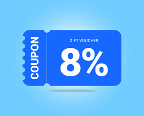 8% coupon promotion sale. Eight percent Vector Gift Voucher. Blue discount, lucky ticket, special offer promo. Web, shopping label, percent sign. Special price offers.