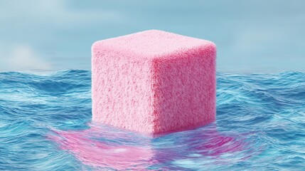 A minimalist pink logo presenting an open cube crafted from thick plush material, surrounded by waves, floating on water with a blue background in a high-resolution scene.