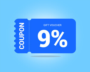 9% coupon promotion sale. Nine percent Vector Gift Voucher. Blue discount, lucky ticket, special offer promo. Web, shopping label, percent sign. Special price offers.