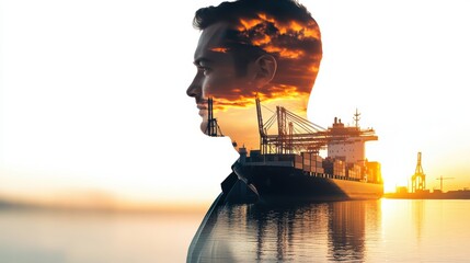 Double exposure photography of engineer man and the business Logistics and transportation of Container Cargo ship and Cargo plane with working crane bridge
