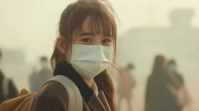 Urban environment affected by air pollution with people wearing masks