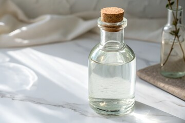 Obraz premium Transparent glass bottle with cork cap on white surface