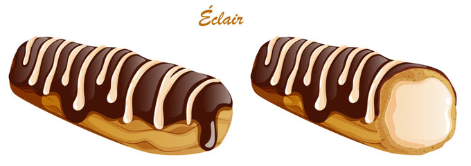 Chocolate Eclair Whole & Bitten. Chocolate Glaze and Cream Drizzle on Choux pastry with Chiboust Cream Filling. Traditional French Dessert Vector Art